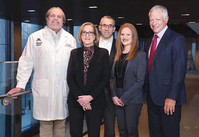 A photo of Dennis S. Charney, MD; Phyllis Schnepf, Senior Associate Dean for Education and
Research Administration; David Muller, MD, Dean for Medical Education; Valerie Parkas, MD, Senior Associate Dean of Admissions and Recruitment; and Donald J. Gogel, Chair of the Mount Sinai Boards of Trustees Education Committee.
