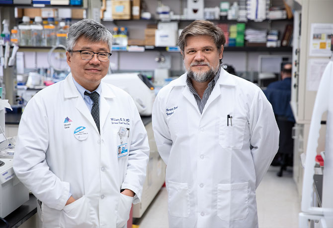 A photo of William Oh, MD, and Julio Aguirre-Ghiso, PhD