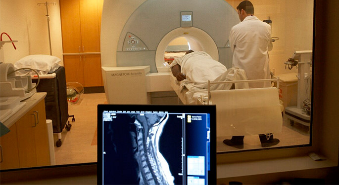 outward viewing window to patient having an MRI scan