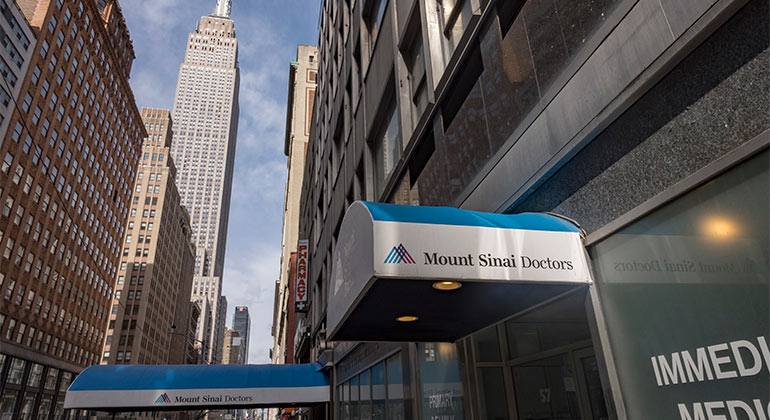 Mount Sinai Doctors logo on awning outside of East 34th Street location