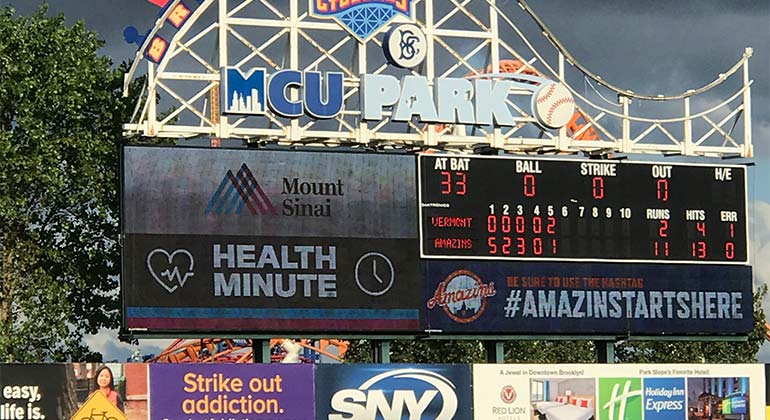 Fun and healthy tips thanks to the team of experts at Mount Sinai Brooklyn appeared near the score board.