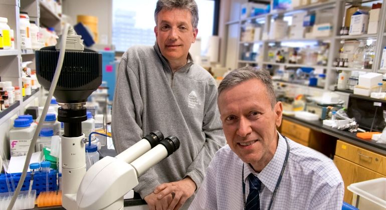 Samuel Gandy, MD, PhD, and Gregory Elder, MD in the lab at James J. Peter VA Medical Center.