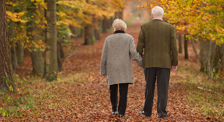 The back of an older man and woman locking arms while walking on a Fall day in on a leafy trail 