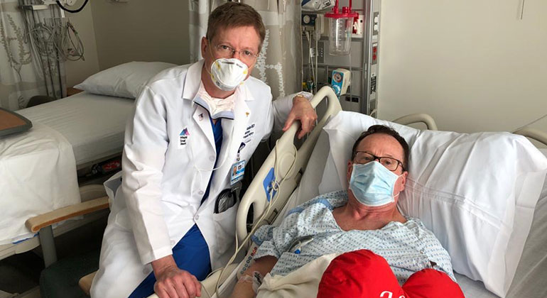 Doctor and patient with masks on