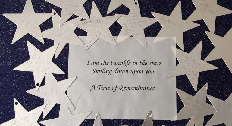 Sign that says “I am the twinkle in the stars, Smiling down upon you” surrounded by paper stars