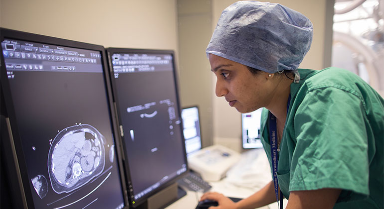 Physician looking at computer screens with image of brain