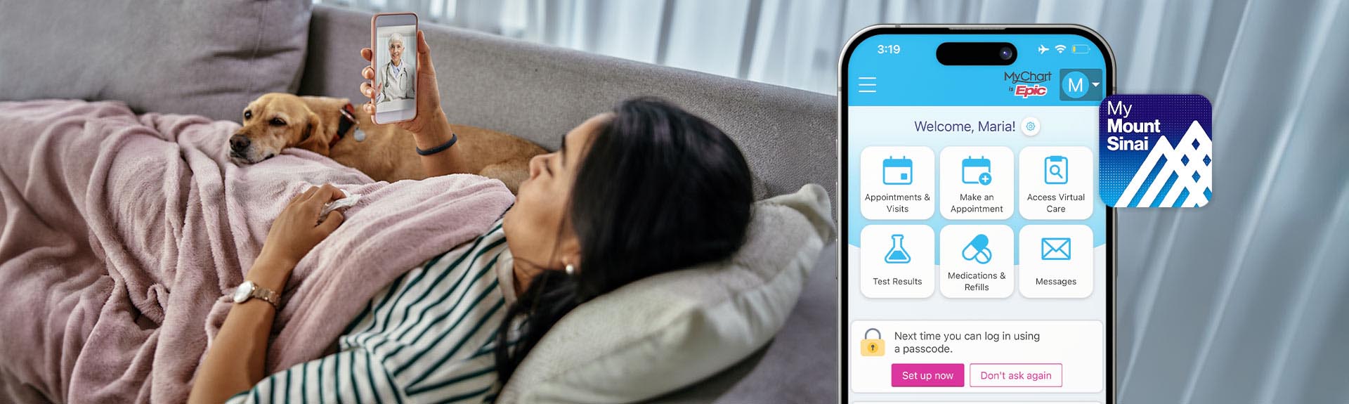 patient at home using MyMountSinai on mobile phone