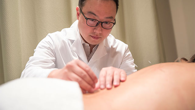 Acupuncturist placing needles in patient