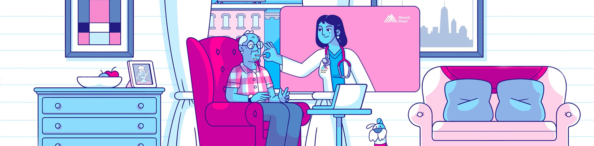 Illustration of doctor taking patient’s temperature from a video screen