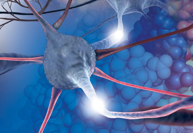 From molecules to circuits: A drawing of interconnected neurons in foreground with atomic resolution structure of an ion channel featuring a 