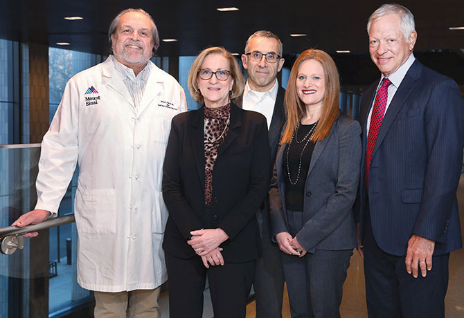 A photo showing Dennis S. Charney, MD; Phyllis Schnepf, Senior Associate Dean for Education and Research Administration; David Muller, MD, Dean for Medical Education; Valerie Parkas, MD, Senior Associate Dean of Admissions and Recruitment; and Donald J. Gogel, Chair of the Mount Sinai Boards of Trustees Education Committee.