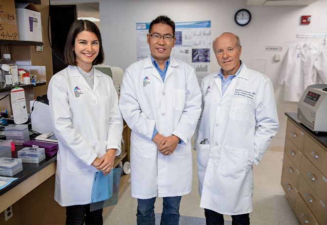 From left: Esra Karakose, PhD, Peng Wang, PhD, and Andrew F. Stewart, MD