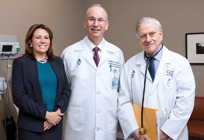 A photo showing Valentin Fuster, MD, PhD, David L. Reich, MD, and Beth Oliver, DNP, RN