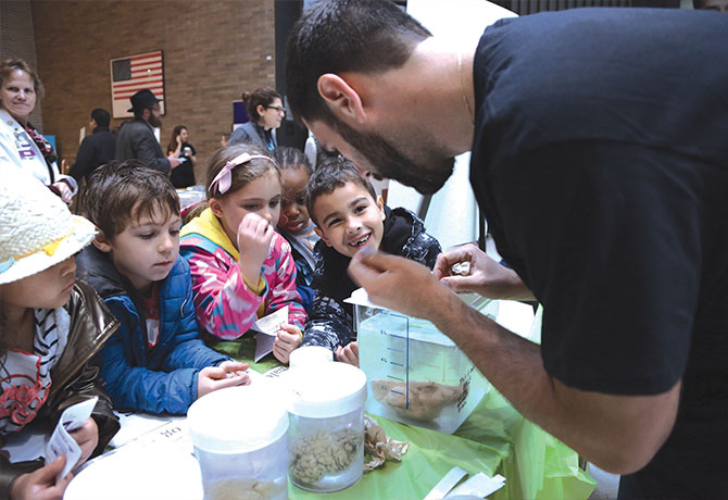 A picture of schoolchildren examining animal brains