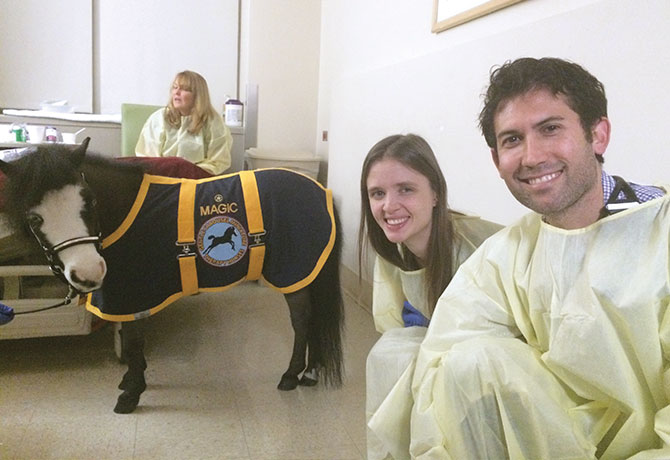 A photo showing Debbie Garcia-Bengochea, Education Director, Gentle Carousel Miniature Therapy Horses, behind Magic the horse. At right, Elizabeth Mann, MD, and Stephen Berns, MD.