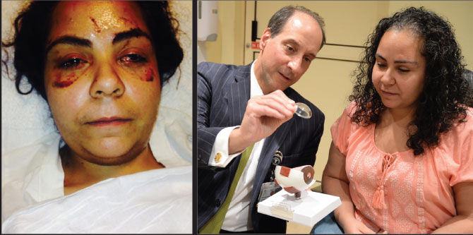 A photo of Jullisa Marquez in the Emergency Department after sustaining knife injuries to head, face, and eyes. A second photo showing Ronald Gentile, MD, with Ms. Marquez during a follow-up visit three years later.