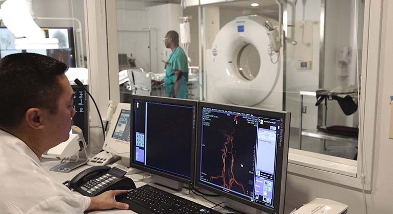Doctor looking in computer