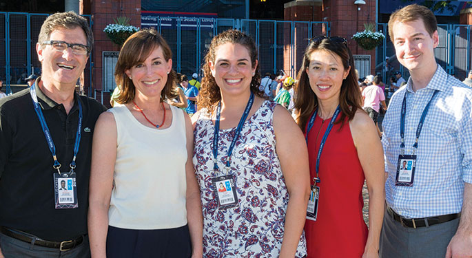 Team image of Dr. James Gladstone, Dr. Leesa Galatz, Dr. Melissa Leber, Dr. Alexis Colvin and Dr. Shawn Anthony at US Open event